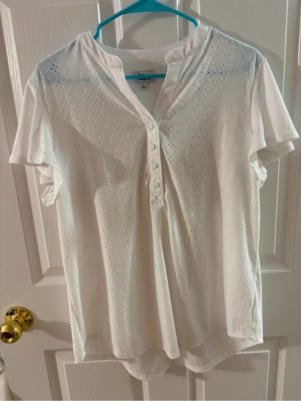 Kim Rogers White Eyelet Henley Short Sleeve Top
